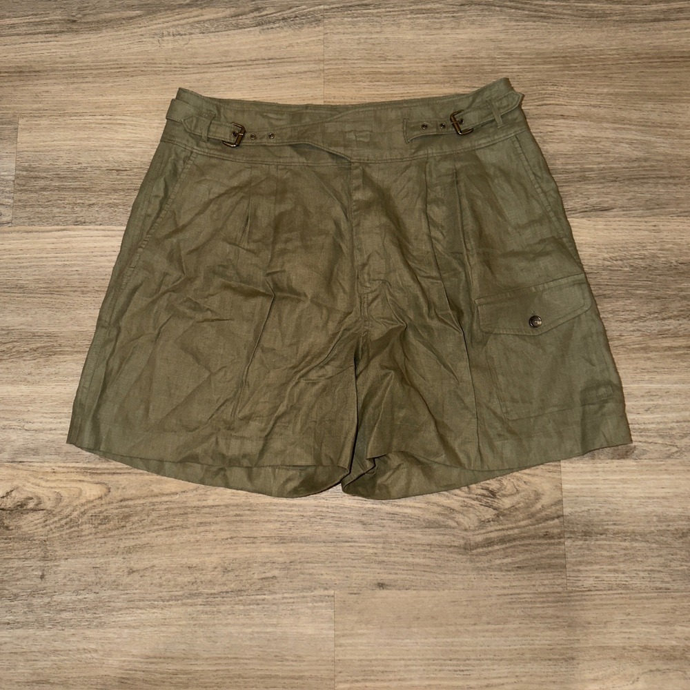Lauren Ralph Lauren Olive Green 100% Linen Pleated Safari Cargo Shorts Size 14